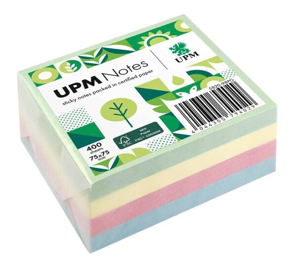 UPM Notes Pastellmix Haftnotizen doppelte Haftung farbsortiert, 1 Würfel