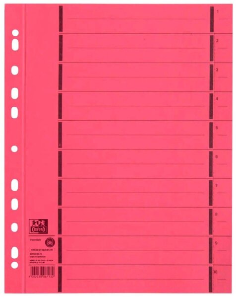 OXFORD Trennblätter DIN A4 1-10 rot, 250 g/qm, 100 St.