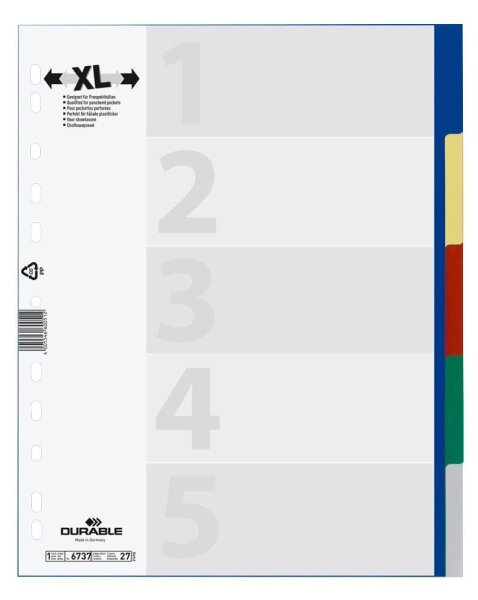 DURABLE Ordnerregister DIN A4 Vollformat, Überbreite blanko blau, gelb, rot, grün, grau 5-teilig, 1 Satz