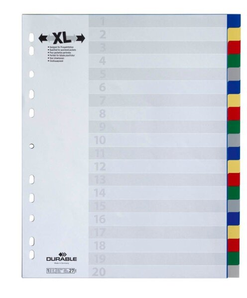 DURABLE Ordnerregister DIN A4 Vollformat, Überbreite blanko blau, gelb, rot, grün, grau 20-teilig, 1 Satz
