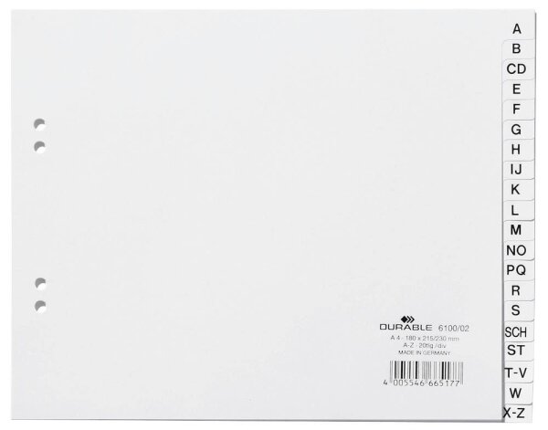 DURABLE Ordnerregister DIN A4 Halbformat A-Z weiß 20-teilig, 1 Satz