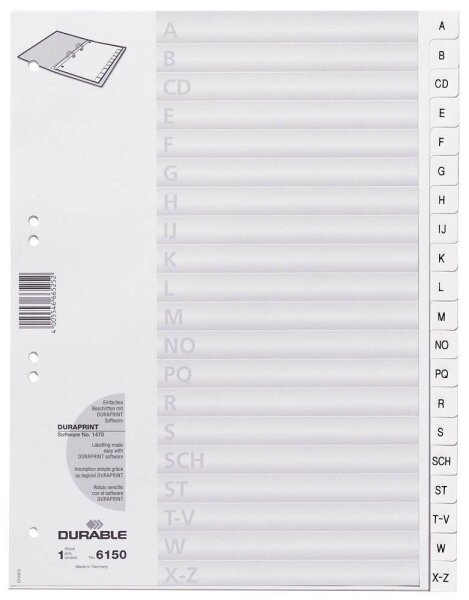 DURABLE Ordnerregister DIN A4 Vollformat A-Z weiß 20-teilig, 1 Satz