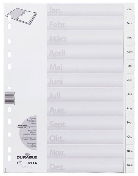 DURABLE Ordnerregister DIN A4 Vollformat Jan.-Dez. weiß 12-teilig, 1 Satz