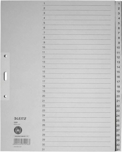 LEITZ Ordnerregister 1231 DIN A4 Vollformat, Überbreite 1-31 grau 31-teilig, 10 Satz