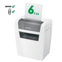 LEITZ IQ Home Aktenvernichter mit Partikelschnitt P-4, 4 x 28 mm, bis 6 Blatt, weiß