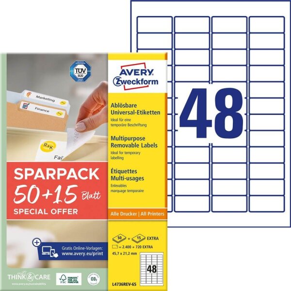AVERY Zweckform Etiketten weiß 45,7 x 21,2 mm, 65 Blatt
