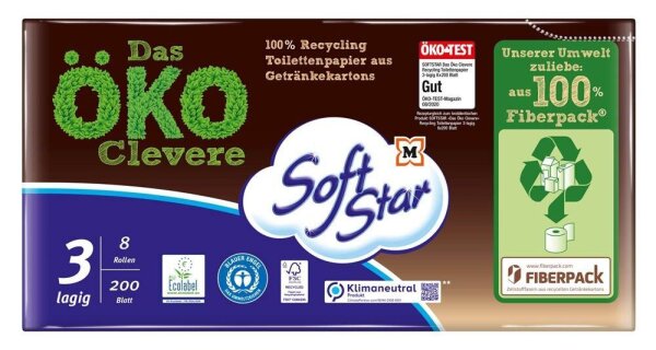 Soft Star Toilettenpapier Das ÖKO Clevere 3-lagig Recyclingpapier, 8 Rollen