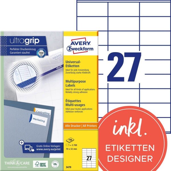 AVERY Zweckform Etiketten 3479 weiß 70,0 x 32,0 mm, 100 Blatt
