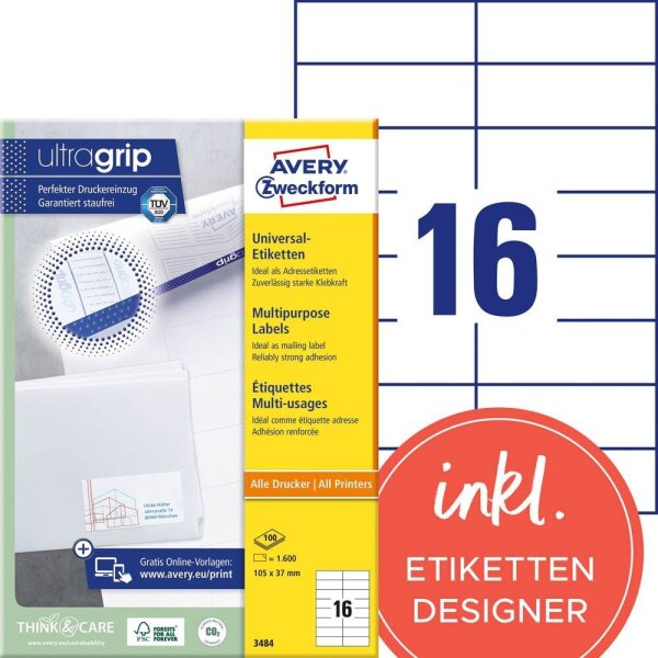 AVERY Zweckform Etiketten 3484 weiß 105,0 x 37,0 mm, 100 Blatt