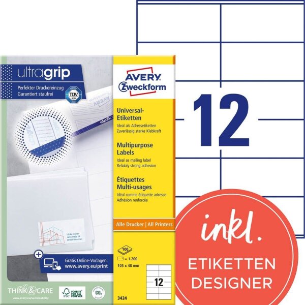 AVERY Zweckform Etiketten 3424 weiß 105,0 x 48,0 mm, 100 Blatt
