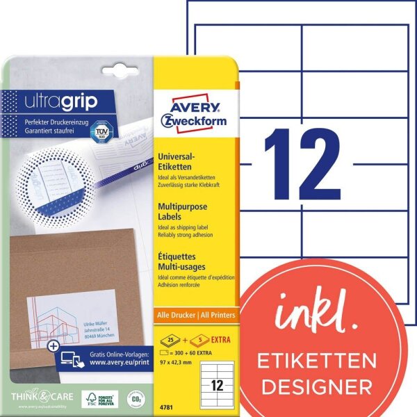 AVERY Zweckform Etiketten 4781 weiß 97,0 x 42,3 mm, 30 Blatt