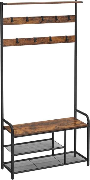 VASAGLE Garderobenbank mit Haken und Schuhrost HSR409B01 braun, schwarz Metall 85,0 cm