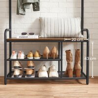 VASAGLE Garderobenbank mit Haken und Schuhrost HSR409B01 braun, schwarz Metall 85,0 cm