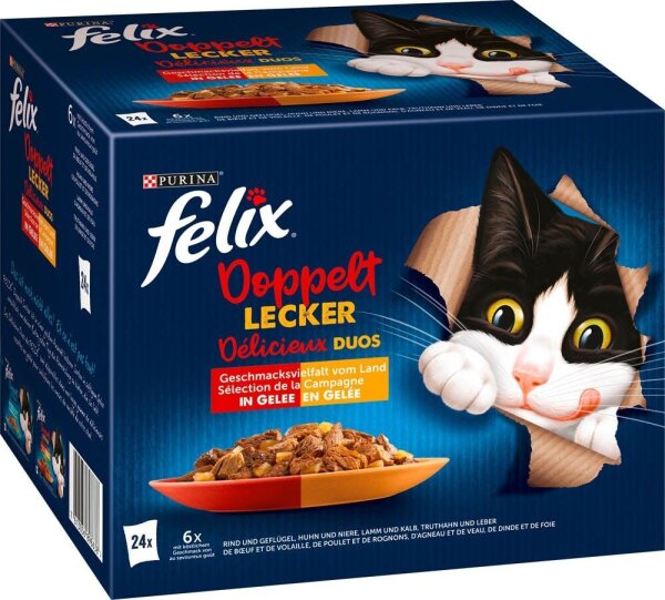 felix® Katzen-Nassfutter Doppelt lecker Délicieux duos Geschmacksvielfalt vom Land in Gelee 24x 85,0 g