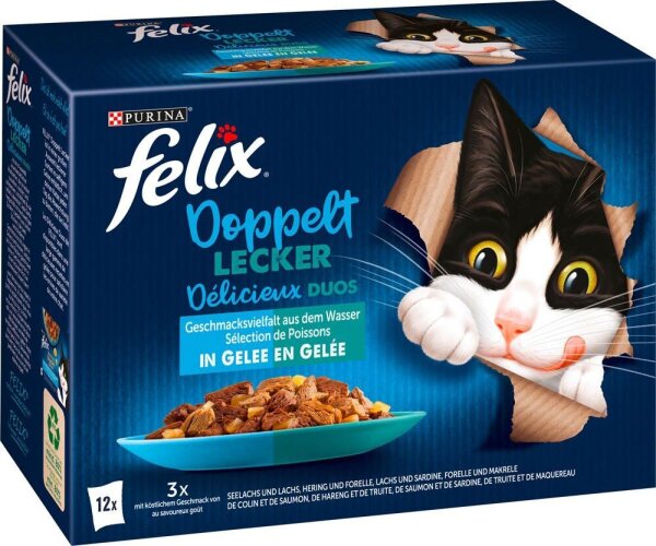 felix® Katzen-Nassfutter Doppelt lecker Délicieux duos Geschmacksvielfalt aus dem Wasser 12x 85,0 g