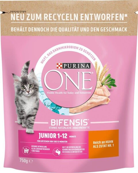 PURINA ONE® Katzen-Trockenfutter Junior reich an Huhn und Vollkorn-Getreide 750,0 g