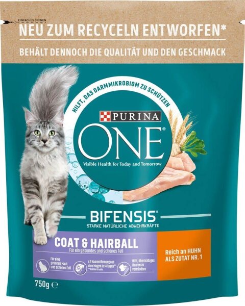 PURINA ONE® Katzen-Trockenfutter Coat & Hairball reich an Huhn und Vollkorn-Getreide 750,0 g