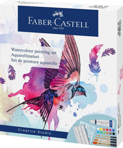 FABER-CASTELL Aquarell Bastelfarben-Set farbsortiert 12 Tuben  5,0 ml Tuben, 4 Synthetik-Pinsel, 1 Schablone und 1 Mischpalette  ml, 1 Set