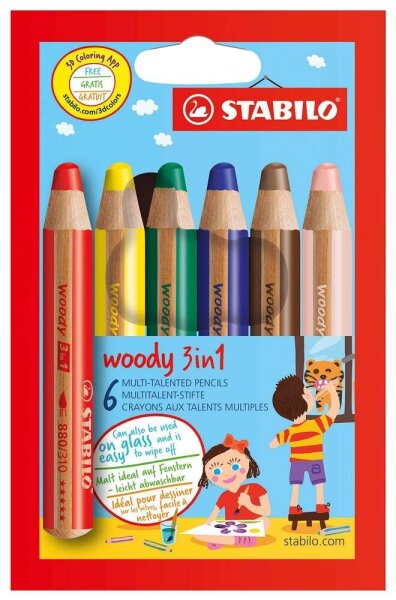 STABILO woody 3 in 1 Buntstifte farbsortiert, 6 St.