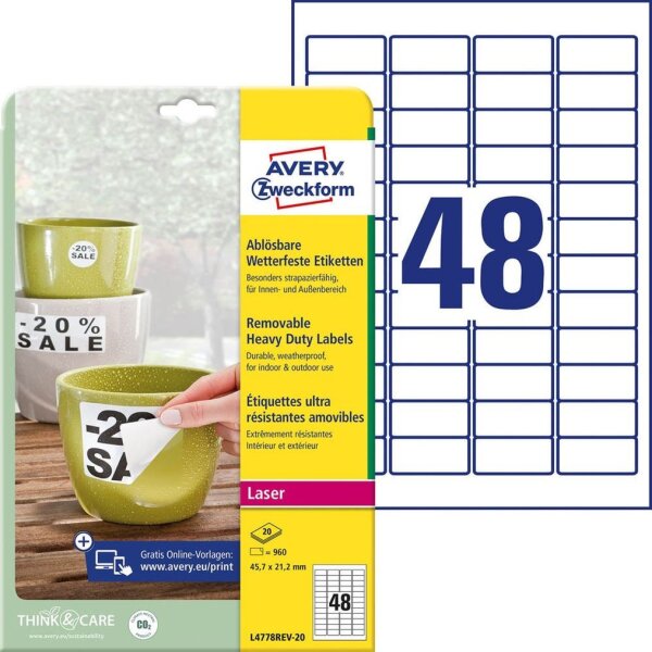 AVERY Zweckform wetterfeste Folienetiketten L4778REV-20 weiß 45,7 x 21,2 mm, 20 Blatt