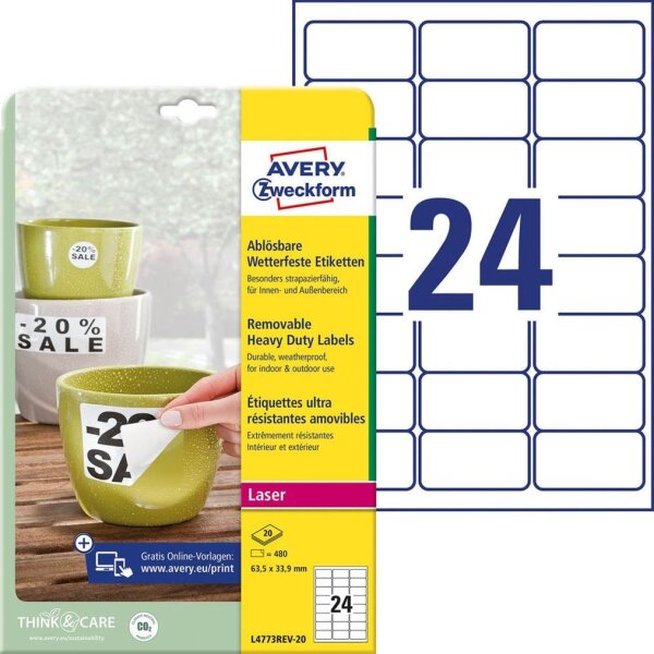 AVERY Zweckform wetterfeste Folienetiketten L4773REV-20 weiß 63,5 x 33,9 mm, 20 Blatt