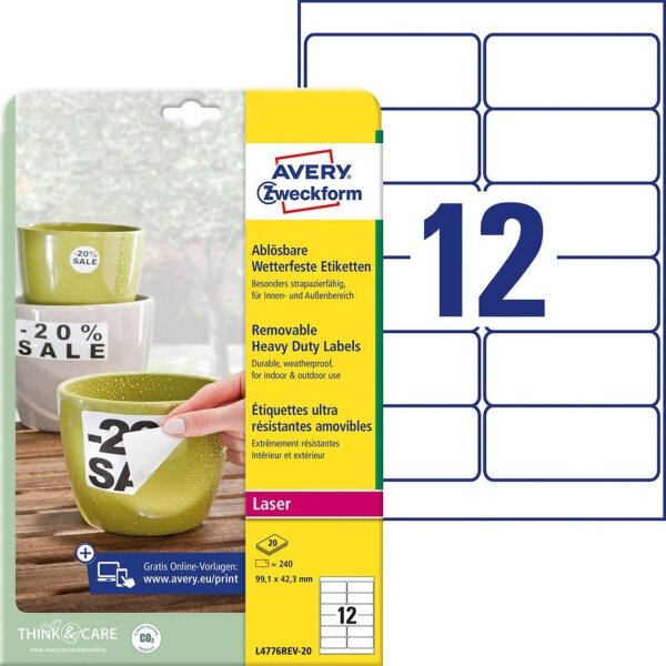 AVERY Zweckform wetterfeste Folienetiketten L4776REV-20 weiß 99,1 x 42,3 mm, 20 Blatt
