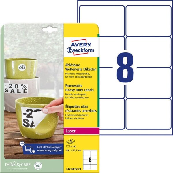 AVERY Zweckform wetterfeste Folienetiketten L4715REV-20 weiß 99,1 x 67,7 mm, 20 Blatt