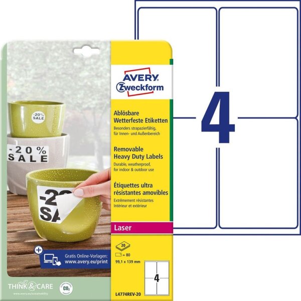 AVERY Zweckform wetterfeste Folienetiketten L4774REV-20 weiß 99,1 x 139,0 mm, 20 Blatt