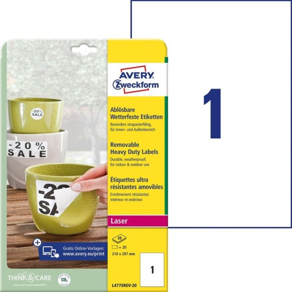 AVERY Zweckform wetterfeste Folienetiketten L4775REV-20 weiß 210,0 x 297,0 mm, 20 Blatt