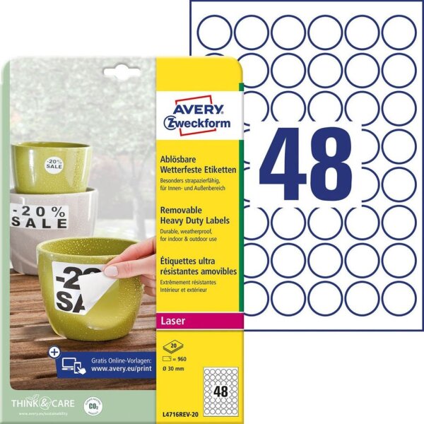 AVERY Zweckform wetterfeste Folienetiketten L4716REV-20 weiß 30,0 x 30,0 mm, 20 Blatt