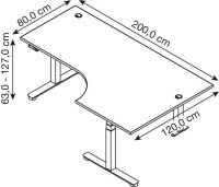 HAMMERBACHER VXDSM82 elektrisch höhenverstellbarer Schreibtisch eiche L-Form, T-Fuß-Gestell silber 200,0 x 120,0 cm