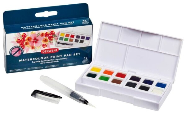 DERWENT Wasserfarbkasten 12 halbe Näpfchen und eine Derwent Mini Waterbrush in einer kompakten Palette mit Mischschale