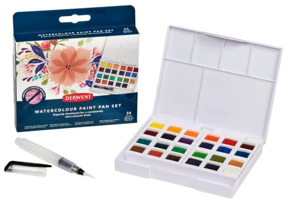 DERWENT Wasserfarbkasten 24 halbe Näpfchen und eine Derwent Mini Waterbrush in einer kompakten Palette mit Mischschale