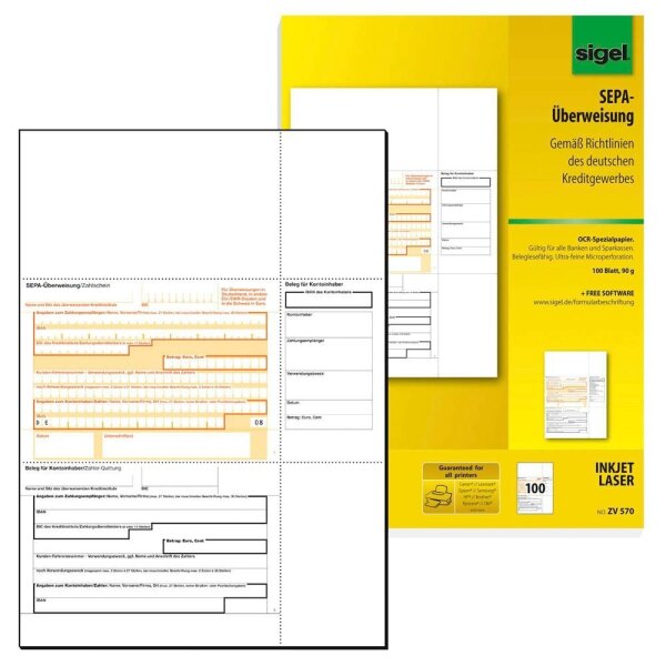 SIGEL SEPA-Überweisungsschein/-Zahlschein Bankformulare ZV570, 100 Blatt