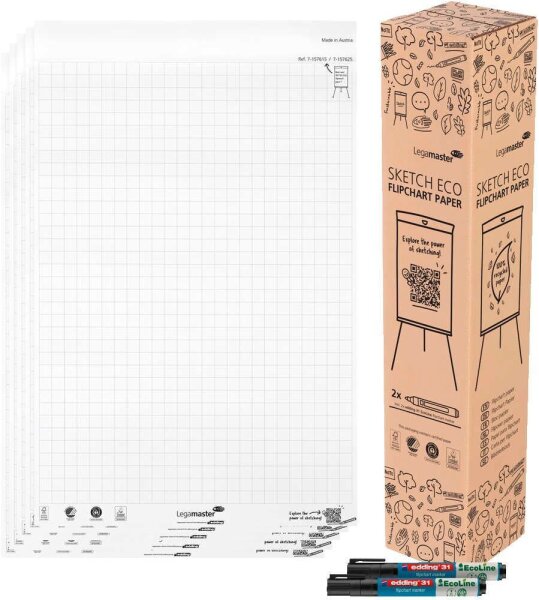AKTION: Legamaster Flipchart-Papier SKETCH ECO kariert 65,0 x 98,0 cm, 20 Blatt, 5 Blöcke + GRATIS 2x edding 31 EcoLine Flipchartmarker