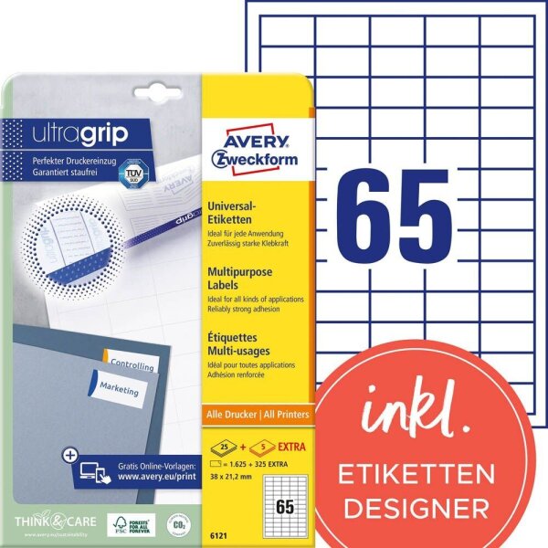 AVERY Zweckform Etiketten 6121 weiß 38,0 x 21,2 mm, 30 Blatt