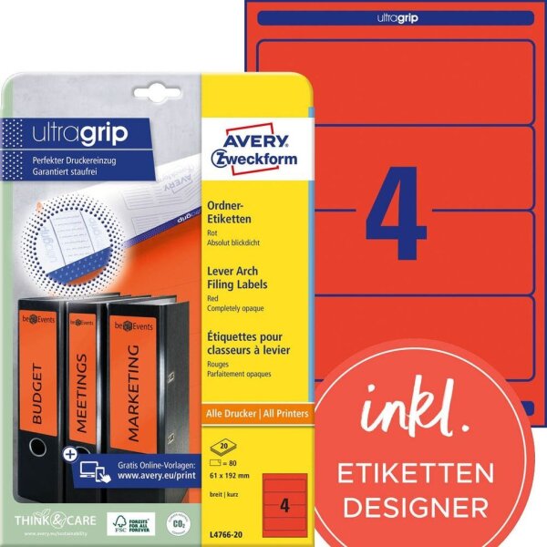 AVERY Zweckform Ordneretiketten L4766-20 rot, 20 Blatt