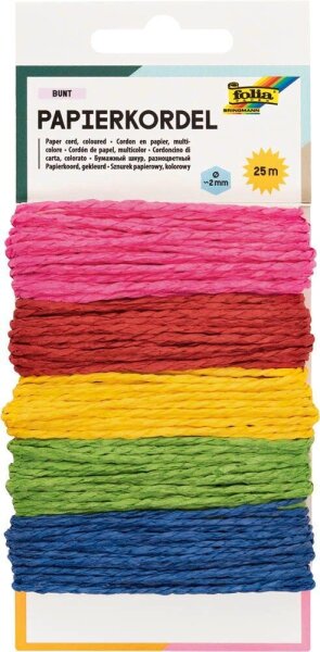 folia Kordel Papier farbig rauh pink, rot, gelb, grün, blau; 3,0 mm x 5x 5,0 m