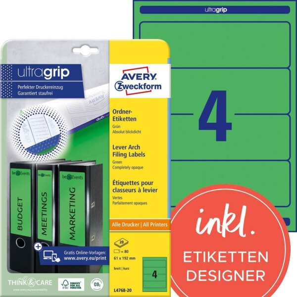 AVERY Zweckform Ordneretiketten L4768-20 grün, 20 Blatt