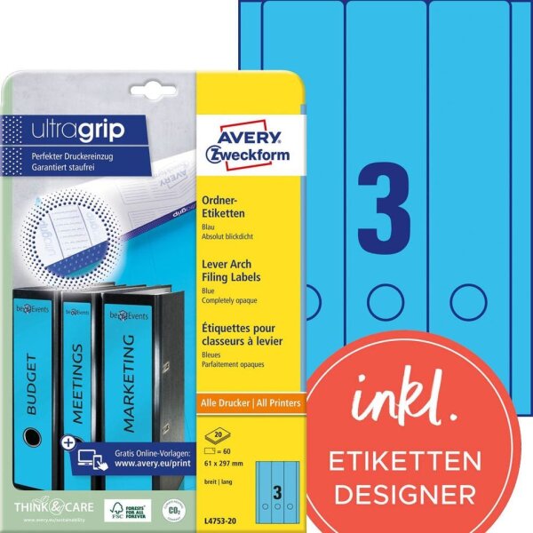 AVERY Zweckform Ordneretiketten L4753-20 blau, 20 Blatt