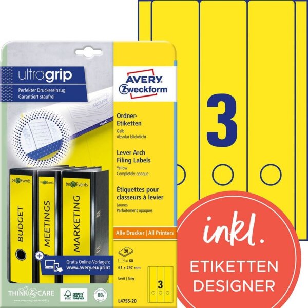 AVERY Zweckform Ordneretiketten L4755-20 gelb, 20 Blatt