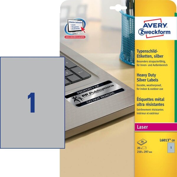 AVERY Zweckform Typenschildetiketten L6013-20 silber 210,0 x 297,0 mm, 20 Blatt