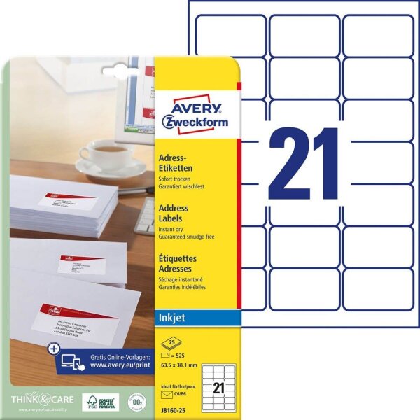 AVERY Zweckform Adressetiketten J8160-25 weiß 63,5 x 38,1 mm, 25 Blatt