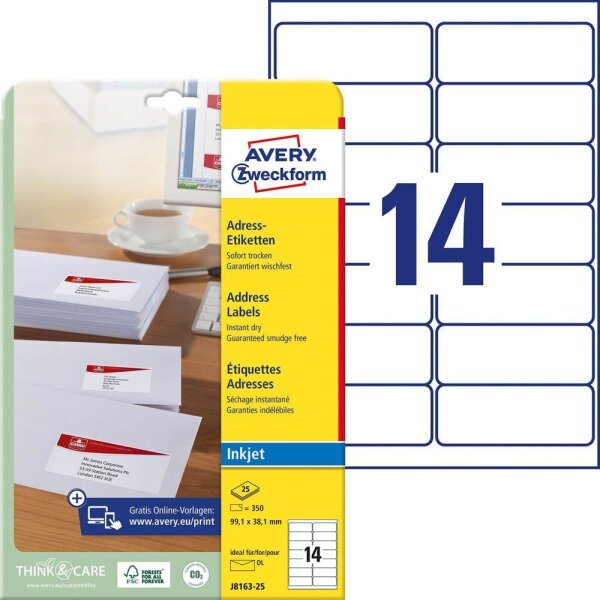 AVERY Zweckform Adressetiketten J8163-25 weiß 99,1 x 38,1 mm, 25 Blatt