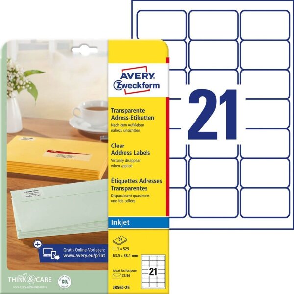 AVERY Zweckform Folien-Adressetiketten J8560-25 transparent 63,5 x 38,1 mm, 25 Blatt