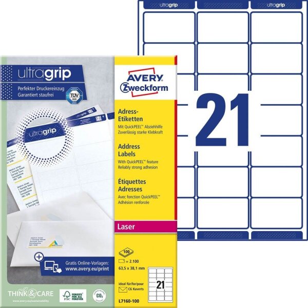 AVERY Zweckform Adressetiketten L7160-100 weiß 63,5 x 38,1 mm, 100 Blatt