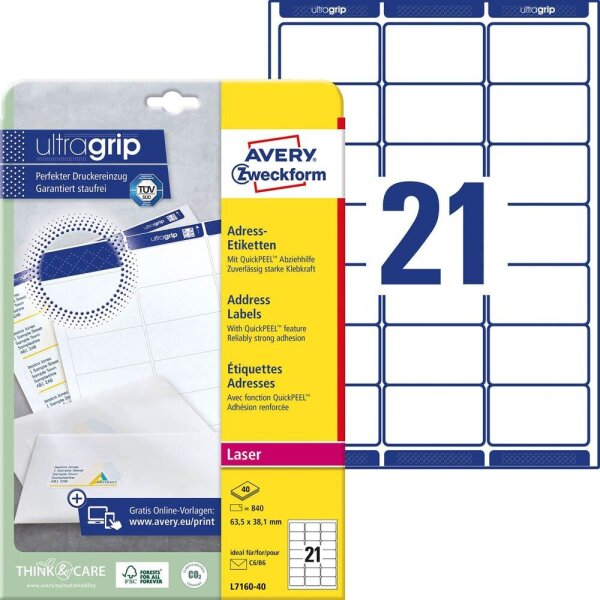 AVERY Zweckform Adressetiketten L7160-40 weiß 63,5 x 38,1 mm, 40 Blatt