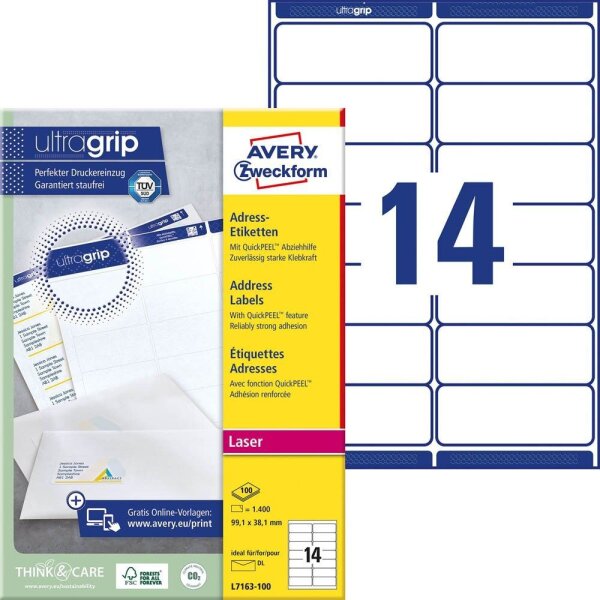 AVERY Zweckform Adressetiketten L7163-100 weiß 99,1 x 38,1 mm, 100 Blatt