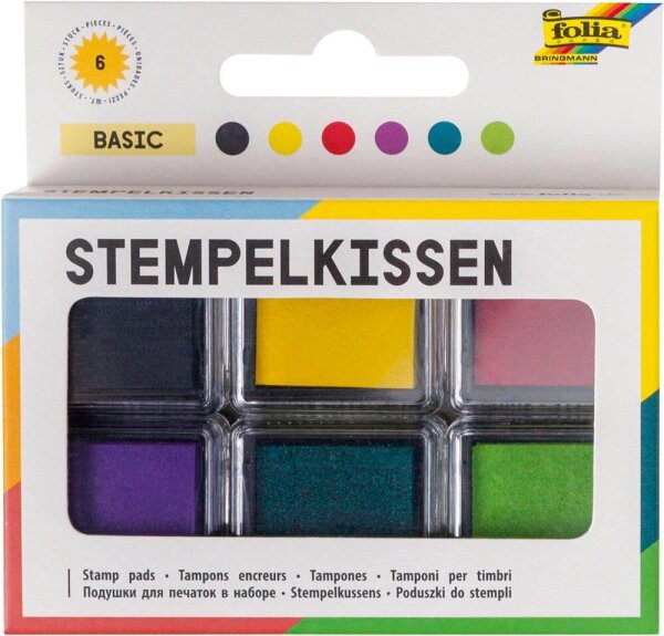 folia Stempelkissen basic schwarz, gelb, rot, lila, türkis, grün 6x 2,4 x 2,4 cm, 1 Pack