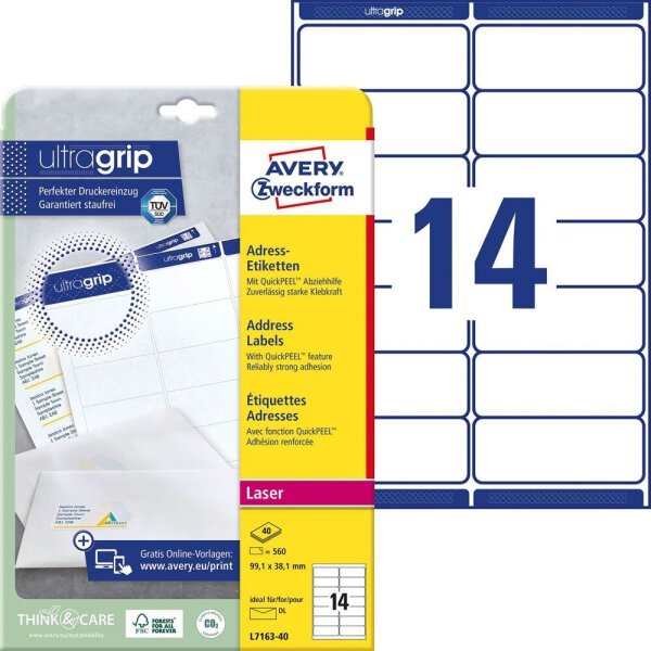 AVERY Zweckform Adressetiketten L7163-40 weiß 99,1 x 38,1 mm, 40 Blatt
